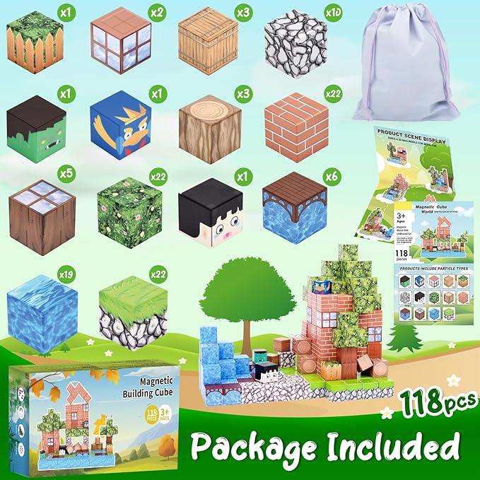 Ludmila 118PCS Magnetic Building Blocks Toy Set - Montessori STEM Toys, Forest House Construction Kit, 1-Inch Magnetic Cube Sensory Tiles for Kids Boys & Girls Ages 3+