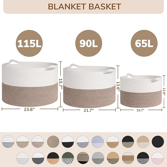 INDRESSME 115L Extra Large Cotton Rope Blanket Basket, Woven Storage for Living Room Toy Baskets Kids Baby Laundry Hamper for Dirty Clothes, Pillows, White & Black