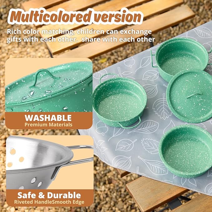 Kids Play Kitchen Toy Accessories Set Toddler Cooking Playset Colorful Stainless Steel Pots and Pans Birthday Gifts for 3+ Girls Boys (New Green)