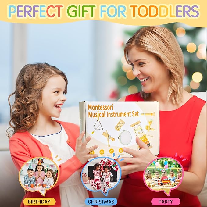 Baby Musical Instruments, Montessori Wooden Toys for Toddlers, Premium Wooden Musical Instrument Set for Kids Preschool Educational, Fun Musical Instruments for Children