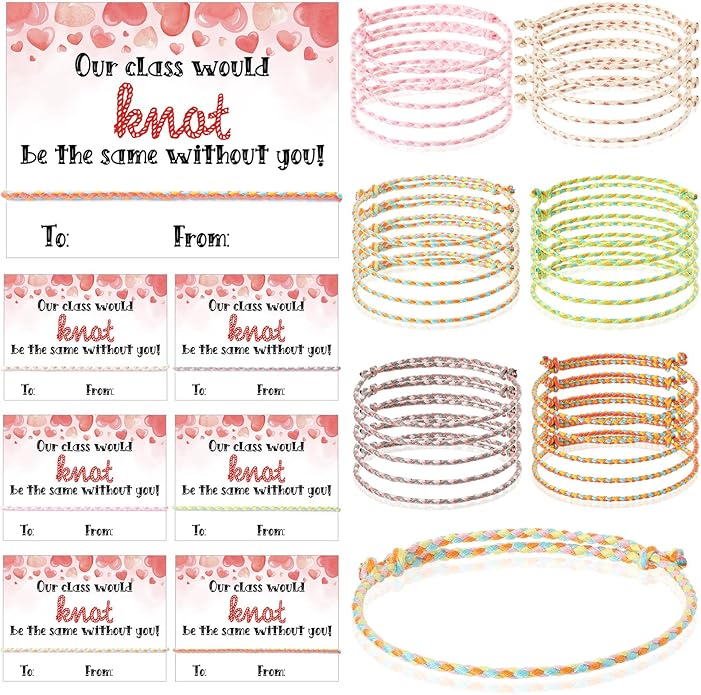 Riceshoot Valentine Gifts for Kids Classroom Neon Bracelets Rope Bracelets Valentine’s Day Gift Cards Our Class Will Knot Be The Same Without You Cards for Kids Classroom Exchange
