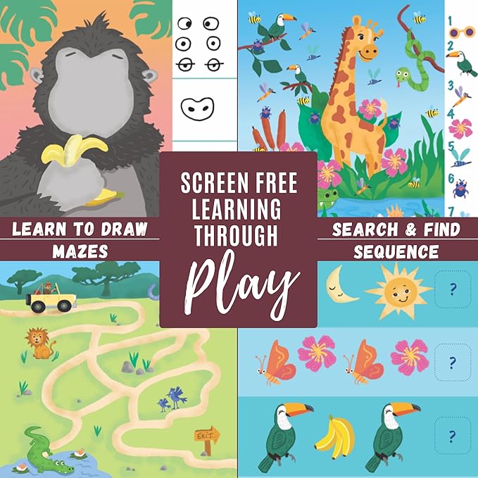 Kids Small Size Travel Educational Activity Book with Washable Markers (7"x7") - Car and Airplane Activities, Learning Toys for Toddlers - Search and Find, Reusable Stickers for Ages 4, 5, 6 (Jungle)