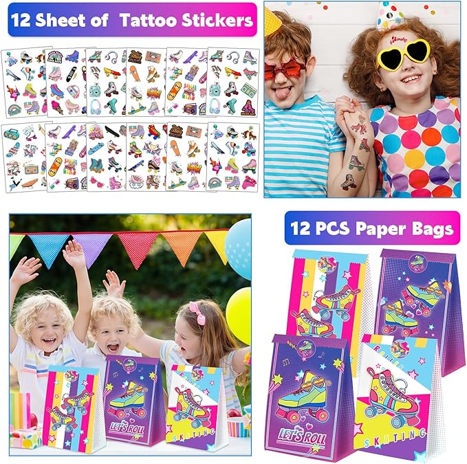 110PCS Roller Skate Party Favors with Slap Bracelets, Stickers, Key Chains, Pin Badges, Tattoos and Gift Bags for Kids Throwback 90s Hip Hop Roller Skating Birthday Party Decorations Supplies