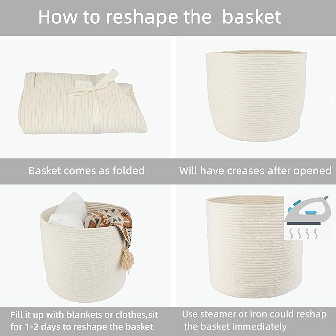 XUANGUO Cotton Rope Basket For Girls Boys Kids 16”X14” Baby Laundry Baskets Nursery Bin Round Woven Basket Organizer For Storage Toys Blankets Shoes Clothes white