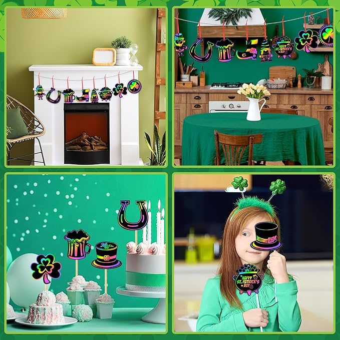 FEBSNOW 48 PCS St. Patrick’s Day Crafts for Kids, Rainbow Magic Scratch Art Shamrock Hanging Ornaments Scratch Paper Cards for St Patricks Day Party Favors Kids School Classroom DIY Crafts Decorations