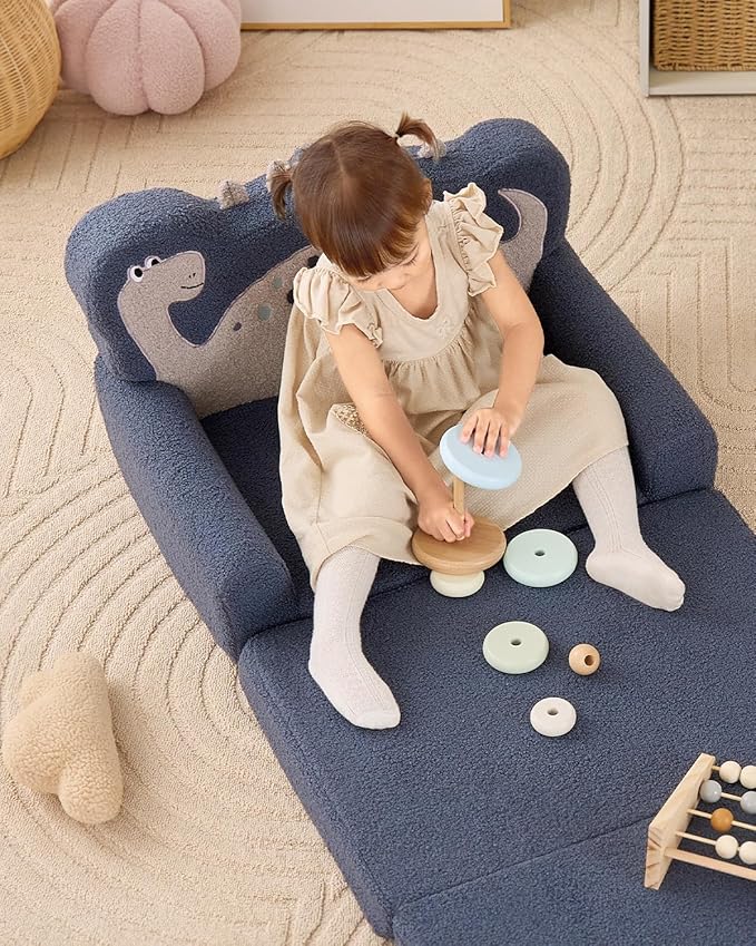 Blissful Diary Kids Couch, 2-in-1 Soft Toddler Couch Fold Out, Toddler Chair Comfy, Convertible Sofa to Lounger with Cute Dinosaur Designs, Blue