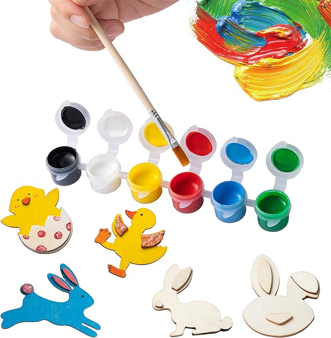 12 Pcs Easter Wooden Magnets Painting Craft Kits, Wooden Magnet Creativity Arts & Crafts Painting Kit for Kids, Decorate Your Own Painting Gift, Easter Crafts & Basket Stuffers, Easter Party Favors