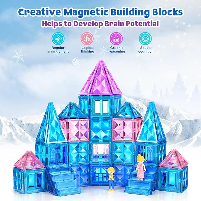 102pcs Frozen Castle Magnetic Tiles - 3D Diamond Building Blocks, STEM Educational Kids Toys for Pretend Play, 3 4 5 6 7 8 Year Old Girl Birthday Gifts for Your Princess and Prince