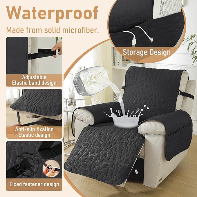 100% Waterproof Recliner Chair Covers for Reclining Chair, Small Recliner Covers That Stay in Place, Non-Slip Recliner Armchair Cover with Pockets for Kids, Pets, Dogs, Cat, Washable,Black,28I