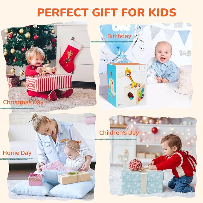 Montessori Toys for 1-3 Year Old – 5-in-1 Wooden Activity Cube with Magnetic Bird Feeding Game, Woodpecker Toy, Busy Toy for Fine Motor Skills, Shape Sorter & Color Matching, Toddler Gift 18M+