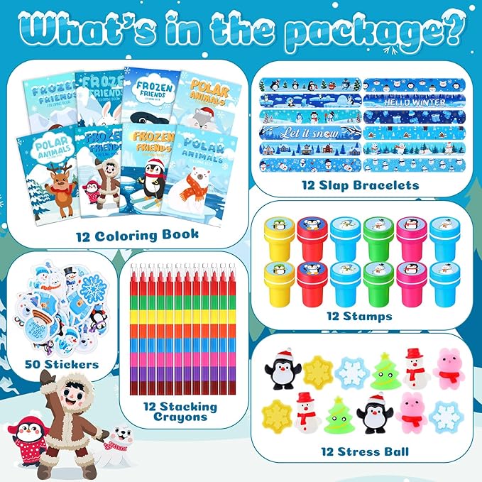 110 Pcs Winter Party Favors for Kids Polar Animals Coloring Books Crayons Slap Bracelets Mochi Stress Toys Stampers Stickers for Holiday Goodie Bags Stuffers Classroom Rewards Supplies