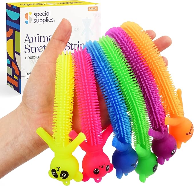 Special Supplies Kid’s Sensory Toys Fidget Strings with Cute Animal Faces, Set of 12, Tactile Stimulation for Hand-Eye Coordination, Textured Stretchy Silicone, Fun for Girls and Boys