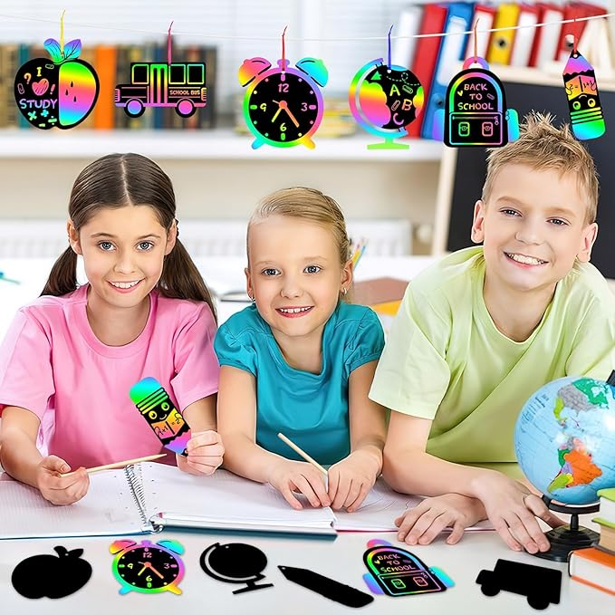 JULMELON 36 PCS Welcome Back to School Scratch Art for Kids, Back to School Crafts for Kids Rainbow Magic Scratch Paper Cards First Day of School Gifts for Students Classroom DIY Crafts Party Favors