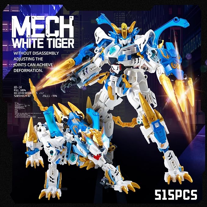 Mech Building Blocks Action Figure Toys, 2in1 White Tiger Transforming Robot Building Set, Converts to Tiger Model, for Adults Kids Boys Ages 8+(515 Pieces) (White Tiger)