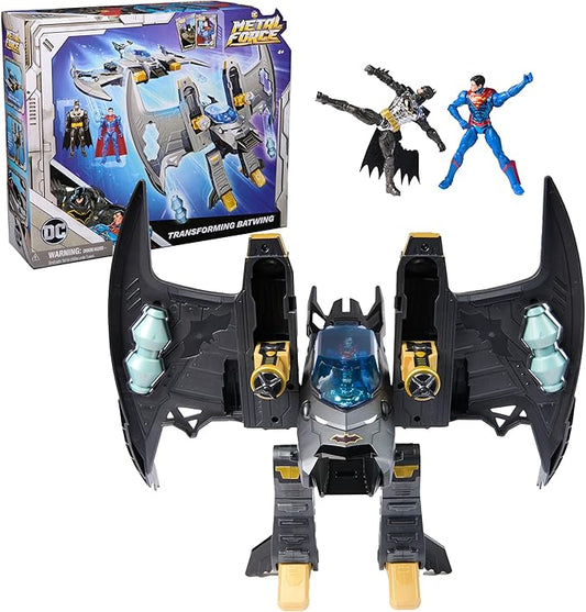 DC Comics, Metal Force Transforming Batwing, 2-in-1 Playset, Includes Batman and Superman Figures, with Projectiles and Character Cards, Kids Toy for Boys and Girls Ages 4+