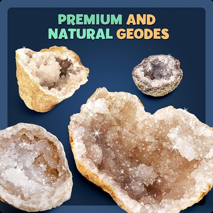 XXTOYS Break Open 10 Premium Geodes with Crystals – Great STEM Science Gift for Mineralogy & Geology Enthusiasts of Boys and Girls for Any Age - Includes Goggles, Learning Guide & 2 Display Stands