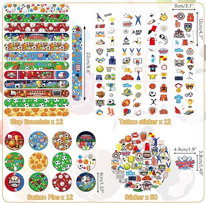 Sports Party Favors - Sports Theme Birthday Party Supplies Decorations, Gift Bags, Slap Bracelets, Rubber Bracelets, Tattoo Stickers, Button Pin, DIY Stickers for Boys Girls Kids Party Favor