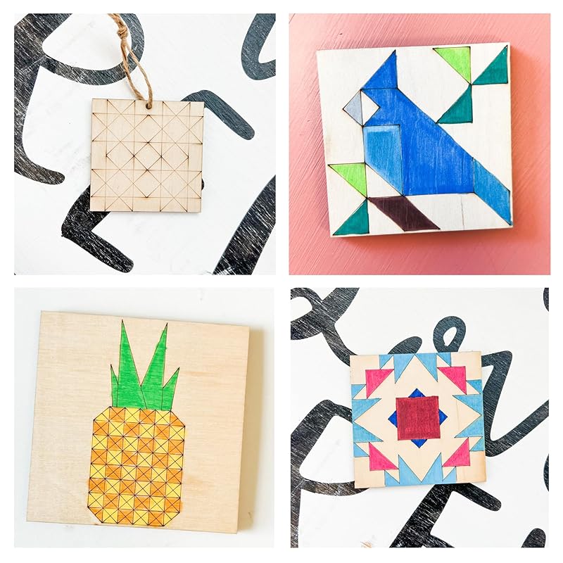 Set of Four 9 Inch Barn Quilt Kit DIY Pattern Unfinished Wood Quilting Block Sign Paintable Crafts for Women, Children, Men, Party (HST Fun, Cardinal, Pineapple, Boho)