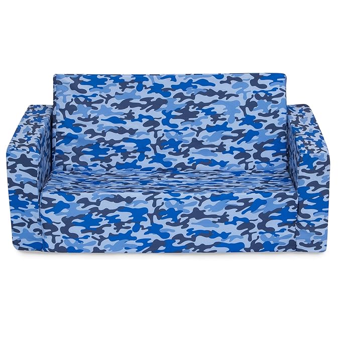 Delta Children Cozee 2-in-1 Extra Wide Convertible Sofa to Lounger-Comfy Flip Open Couch/Sleeper for Kids, Blue Camo