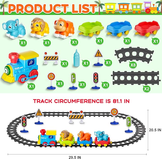 Train Set for Toddlers w/Steam, Music & Lights - Electric Train Toy for Kids with Tracks Accessories, Includes 3 Animals Car : Lion Gorilla and Elephant, Best Gifts for 1-3 4 5 6+ Years Old Boys Girls