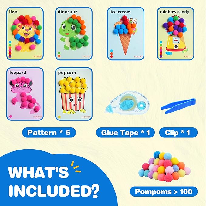 YPLUS Pompoms Art Crafts Kits, Toddler DIY Sensory Activities for Kids Ages 1-3 2-4 3-5, Finger Motor Art Supplies - Theme Animals Stocking Stuffers for Kids Toddler