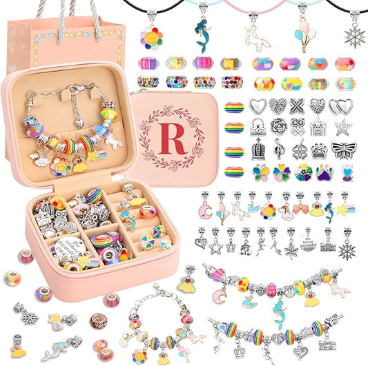 Charm Bracelet Making Kit for Girls 3-12, Kids Jewelry Making Kit 66Pcs Jewelry Kits for Girls Ages 8-12 Jewelry Maker Craft Necklace Birthday Christmas Gifts with Initial Jewelry Organizer Box - R