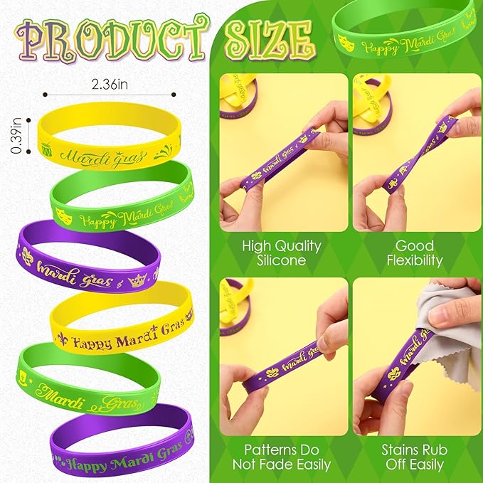 Yilloog Mardi Gras Silicone Bracelets Mardi Gras Parade Throws Bulk Party Favors Rubber Bracelets Party Supplies Decorations Goodie Bag Stuffers Fillers Silicone Wristbands(120 Pcs)