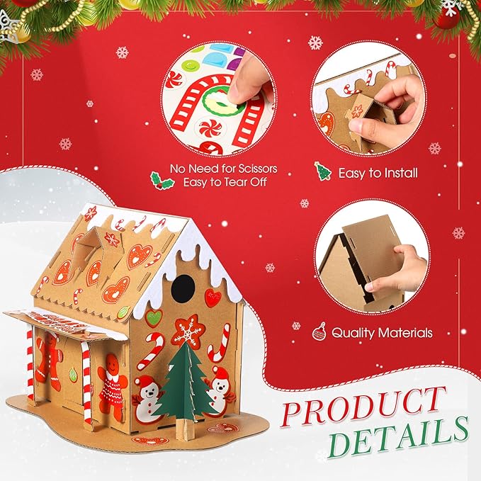 Sumind 3 Sets Christmas Gingerbread House Kit Small Xmas DIY Craft Kit Mini Christmas Cardboard Make-a-Gingerbread House Craft for Christmas Party Craft Holiday Supplies Decor(Lovely Style)