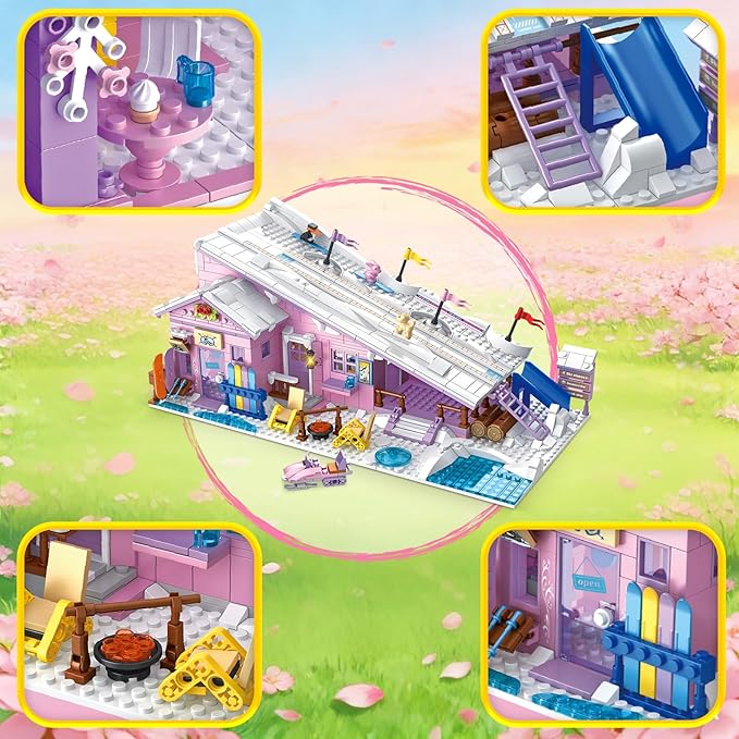 Pink Girls Ski Resort Winter Village House Building Set Compatible with Lego Friends Snow Cabin Collection, Construction Educational Toy for Kids Age 8-12 and Up 1042 PCS