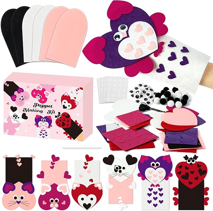 WATINC 6Pcs Hand Puppet Making Kit, Art Craft Felt Sock Puppet Toys, Creative DIY Make Your Own Pompoms Wiggle Googly Eyes Storytelling Role Play Party Supplies Gift for Girls Boys (Valentine