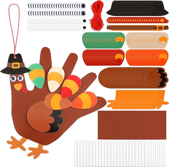 ShinyRelief 24 Sets Thanksgiving Craft Kit Fall Handprint Turkey Making Kit Hanging Art and Craft 5.9 Inch for Thanksgiving Party Game