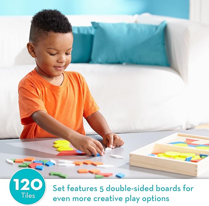 Melissa & Doug Pattern Blocks and Boards - Wooden Classic Toy With 120 Solid Wood Shapes and 5 Double-Sided Panels, Multi-colored - STEAM Animals, Tangrams Puzzle For Kids Ages 3+