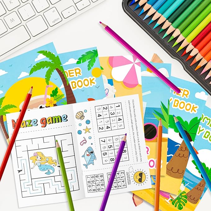 BZaber Summer Beach Coloring Books - 24Pcs Summer Game DIY Art Drawing Book Bulk Including Lemon Coconut Crab Flamingo Beach Pool Summer Patterns for Summer Holiday Classroom Rewards Goodie Bag Filler
