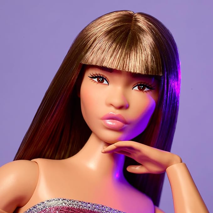 Barbie Looks Doll, Collectible No. 24 with Brown Hair & Modern Y2K Fashion, Shimmery Pink Strapless Dress with Peep-Toe Heels