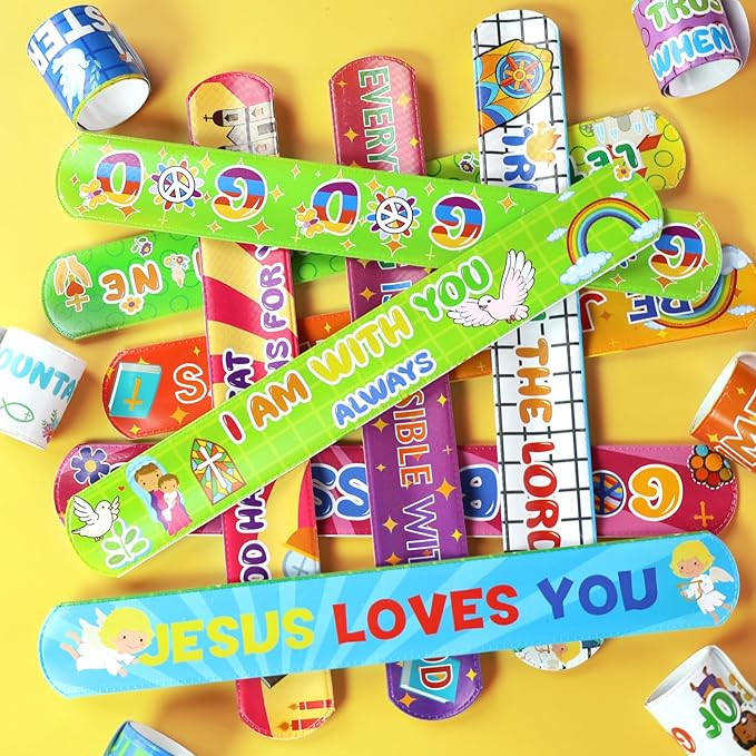 MCPINKY 64PCS Christian Slap Bracelets, Bible Verses Religious Slap Bracelets Snap Wristbands for Kids Sunday School Gifts Classroom Prizes