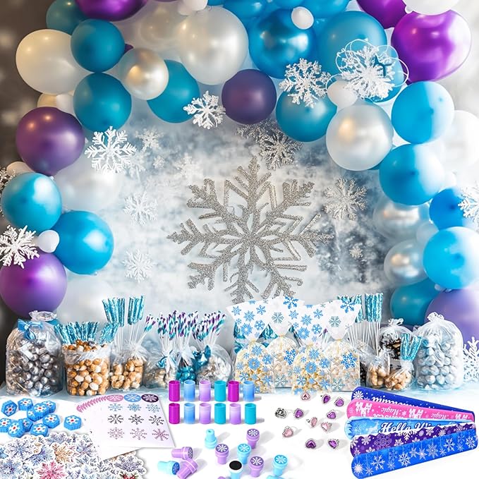 XANGNIER 134 Pcs Frozen Birthday Party Favors Decorations, Winter Frozen Party Supplies with Goodie Bag Snowflake Stickers Heart Ring Erasers Silicone Slap Bracelets Stamp Coil Springs