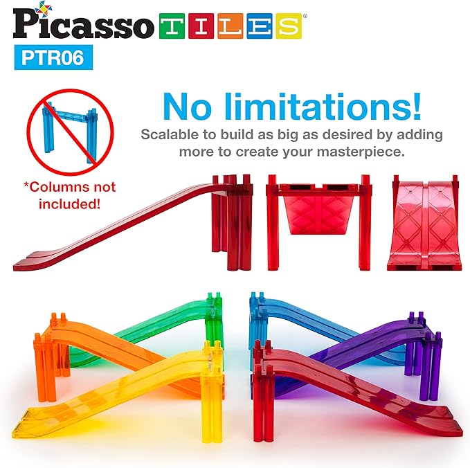 PicassoTiles 6 Piece Race Track Ramp Magnetic Building Block Set Magnet Tiles Construction Toy STEM Learning Kit Education Playset Playboard Pretend Play Stacking Blocks Child Brain Development PTR06
