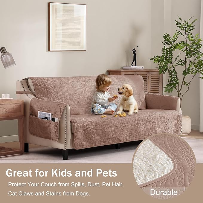 Soft Quilted Pink Couch Cover Waterproof for Extra-Large Sofa, Anti-Slip Sofa Covers for Dogs Washable, Pet Friendly Oversized Sofa Cover with Storage Pockets (X-Large Sofa 78", Pink)