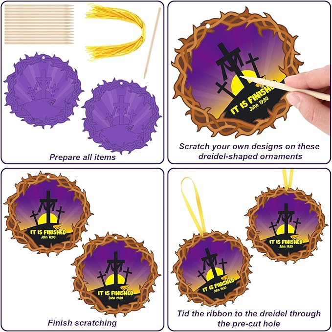 Liliful 60 Set Easter Crafts for Kids Religious Easter Cross Scratch Cards Colorful Scratch with 30 Wooden Scratch Tools Purple Crown of Thorns Crafts Kit for Kids Sunday School Holy Week Crafts