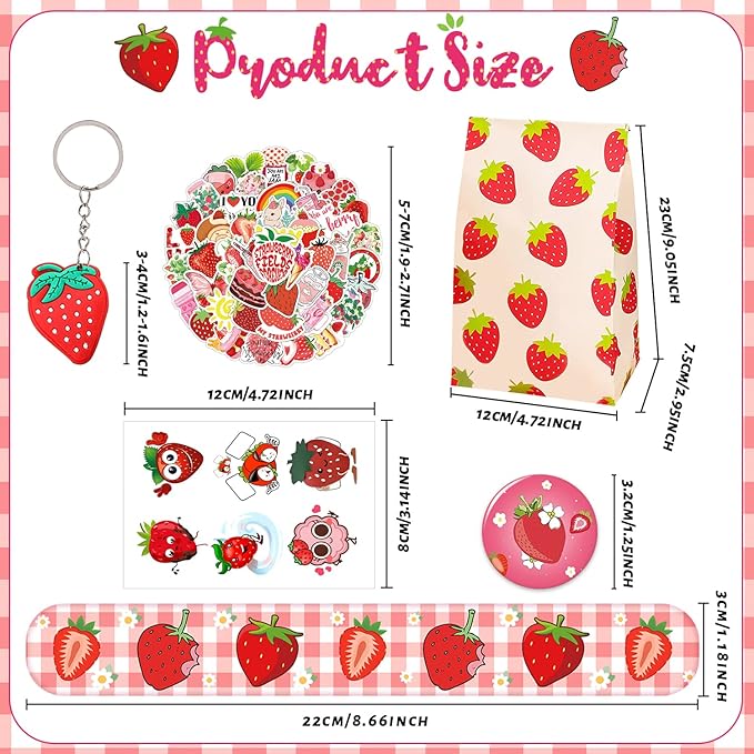 Strawberry Party Favors 110PCS Strawberry Theme Slap Bracelets Stickers Key Chains Badge Gift Bags Temporary Tattoos for Kids Baby Shower Berry First Birthday Party Supplies Decorations