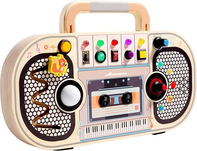 Busy Board Toys for 1 2 3 4 Year Old, Wooden Sensory Sensory Toy with Musical LED Lights Switches Motor Skills Developmental Early Educational Travel Baby 12-18 Month Toddler Birthday Gifts
