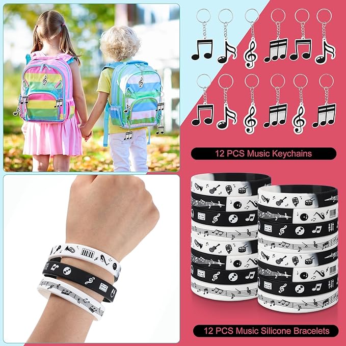 Seajan 110 Pcs Music Party Favors Include Music Notes Silicone Bracelets Musical Note Necklaces Keychains Stickers Badges Organza Gift Bag Fillers for Music Themed Birthday Party Supplies Decorations
