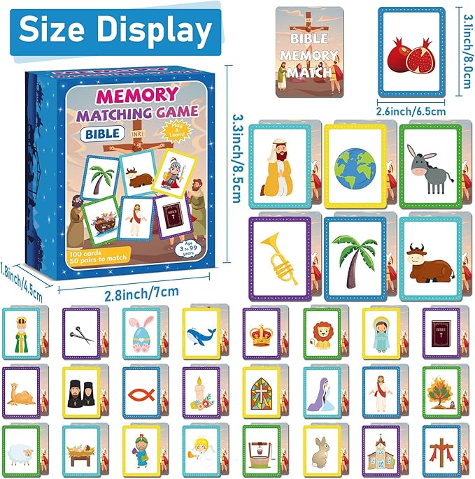 gisgfim 50 Pairs Memory Matching Game Bible Concentration Games for Kids Educational A Fun & Fast Christian Bible Theme Memory Matching Games