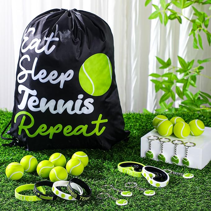 48 Pcs Tennis Party Favors for Kids Include 12 Tennis Drawstring Bags, 12 Tennis Keychain, 12 Silicone Tennis Bracelets, 12 Mini Stress Ball for Sports Birthday Supplies Decorations
