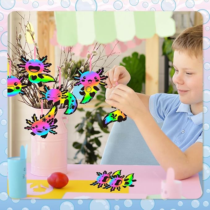 B1ykin 60Pcs Axolotl Scratch Card Gifts Ornaments Set, DIY Magic Axolotl Scratch Cards Craft Kit for Kids, Black Hanging Tags Party Favors for Birthday School Classroom Art Activity