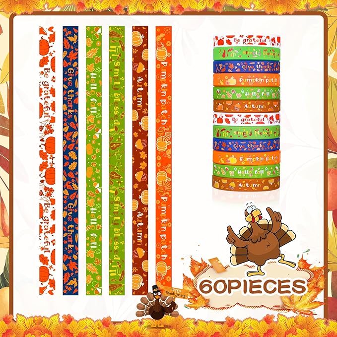 Wettarn 60 Pcs Fall Party Favors Bracelets Thanksgiving Silicone Wristbands Autumn Harvest Pumpkin Maple Leaf Bracelets for Party Supplies Festival Prizes Gifts