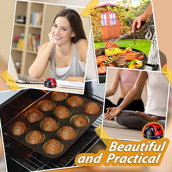 4 Pcs Ladybug Kitchen Timers for Cooking Cute Ladybug Cooking 60 Minute Mechanical Timer Red Black Kitchen Alarm Clock for Kids Reading Do Sports Baking Gifts, No Battery Required