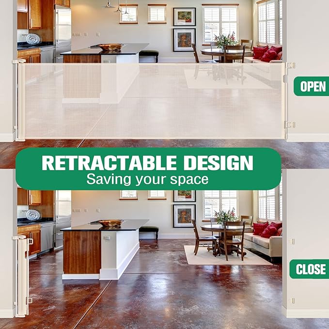 110 Inch Extra Wide Retractable Baby Gate for Large Openings Pet Gates for Dogs Indoor Retractable Baby Gates Outdoor Dog Gates for The House Extra Wide Baby Gate Large Dog Gate for Doorways, Beige