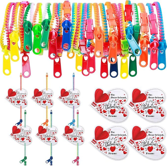 Sratte 50 Pcs Valentine's Day Neon Friendship Bracelets Bulk with 50 Pcs Heart Card for Valentine's Gifts Birthday Goodie Bag Stuffers(Resin,Zipper Bracelet)