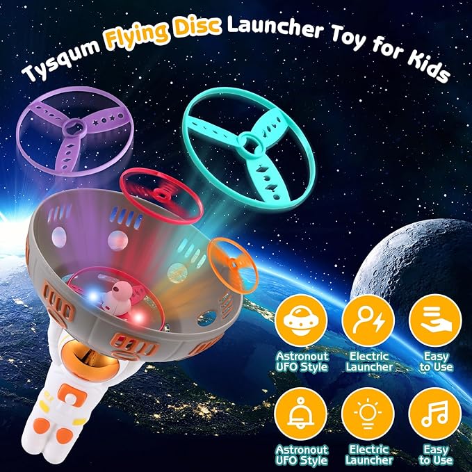 Outdoor Toys for Kids Ages 4-8 - Flying Disc Launcher Toy, Music Astronaut Flying Helicopter Toys with Sounds, 2&1 Flying Saucer Mode and Spinning Top Mode Flying Toys, Birthday Gift for 3-8 Year Old